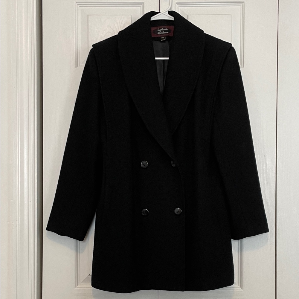 Stephanie Matthew’s Black Double-Breasted Wool blend Pea Coat V-neck 4 buttons